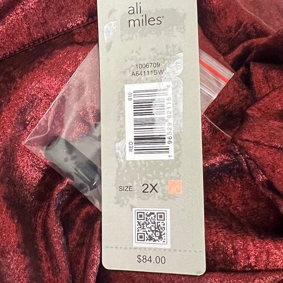 Ali Miles Tunic Top 2X Red Shiny Asymmetric Black Toggle Buttons Artsy Lagenlook - Picture 8 of 8